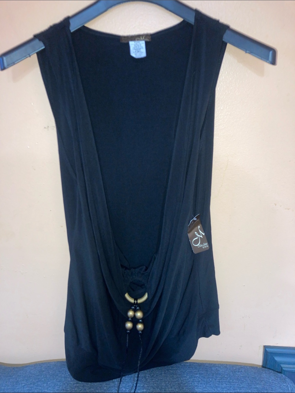Black Sleeveless Drape Tank with Decorative Bead Detail